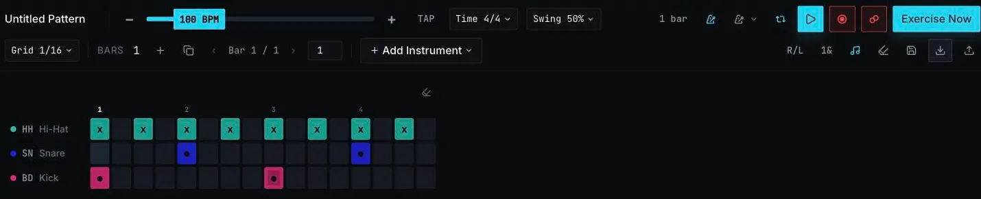 The Rhythma Compose toolbar and populated drum grid