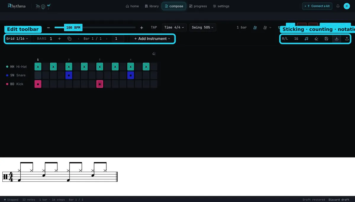 Compose edit toolbar showing Grid, Bars, Add Instrument, sticking, counting, notation, and Clear pattern