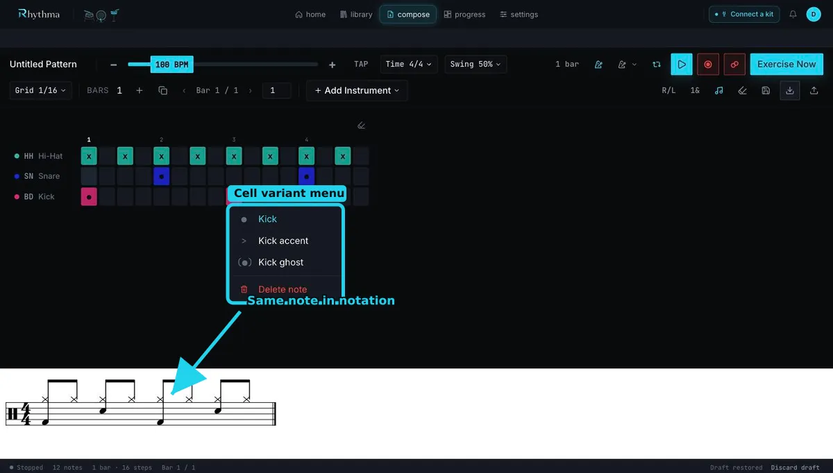Compose cell variant menu beside the Notation preview