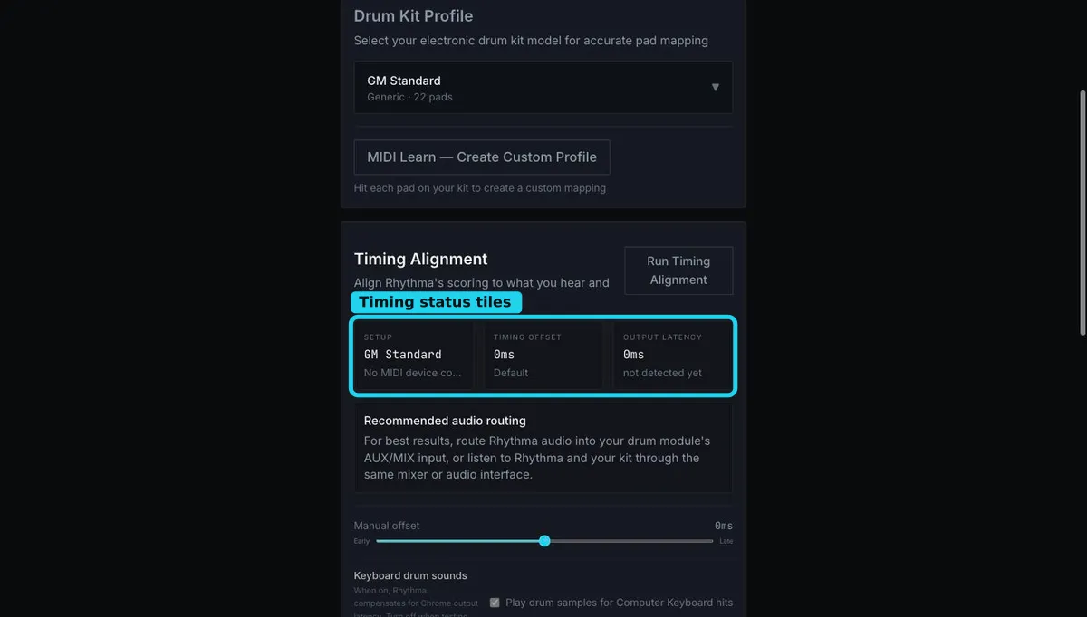 Timing Alignment status tiles showing Setup, Timing offset, and Output latency