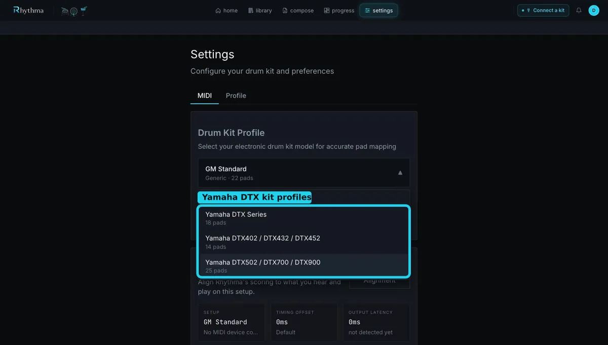Yamaha entries in the kit profile selector